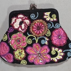 Floral Embroidered Beaded Black Clutch With Chain Handle That Can Be In Or Out